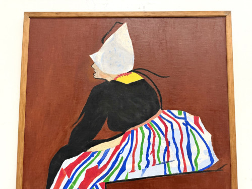 Grand Tableau Suédois Signé Lars Norman (1962) – Huile sur Panneau "Femme au Costume", vue 6