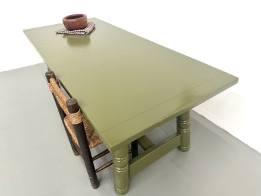 Table à manger laquée vert olive glossy — DLG Georges Robert, Circa 1970, vue 8