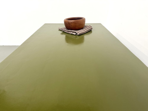 Table à manger laquée vert olive glossy — DLG Georges Robert, Circa 1970, vue 17