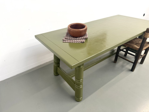 Table à manger laquée vert olive glossy — DLG Georges Robert, Circa 1970, vue 21