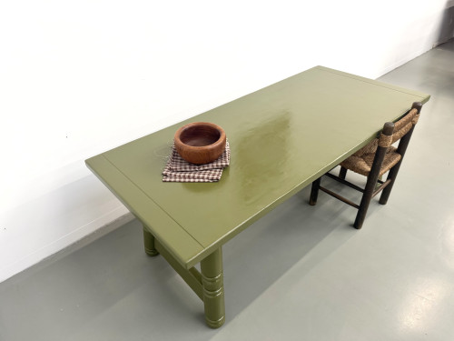 Table à manger laquée vert olive glossy — DLG Georges Robert, Circa 1970, vue 22