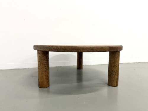 Table basse moderniste tripode en chêne massif, DLG Perriand, Chapo, années 50, vue 3