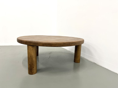 Table basse moderniste tripode en chêne massif, DLG Perriand, Chapo, années 50, vue 10