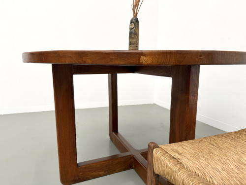 Table ronde moderniste en orme massif, piètement croisé, DLG Perriand, Chapo, années 50-60, vue 13