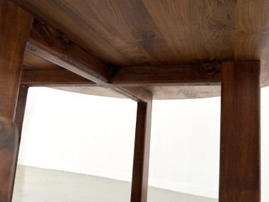 Table ronde moderniste en orme massif, piètement croisé, DLG Perriand, Chapo, années 50-60, vue 17