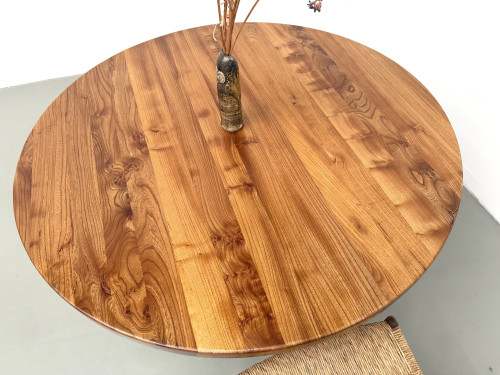 Table ronde moderniste en orme massif, piètement croisé, DLG Perriand, Chapo, années 50-60, vue 19