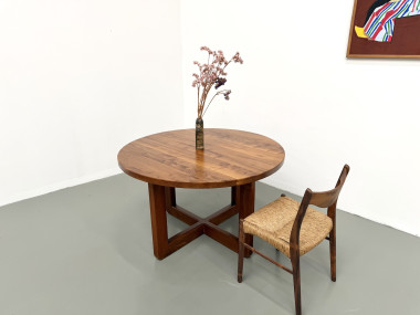 Table ronde moderniste en orme massif, piètement croisé, DLG Perriand, Chapo, années 50-60, vue 20