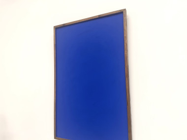 Tableau monochrome bleu Klein, acrylique sur bois massif, cadre pin, années 90, vue 3
