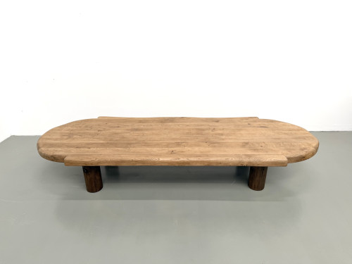 Table basse XXL ovale en chêne massif, piètement cylindrique, années 50, vue 3