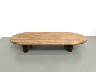 Table basse XXL ovale en chêne massif, piètement cylindrique, années 50, vue 3