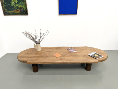 Table basse XXL ovale en chêne massif, piètement cylindrique, années 50, vue 5