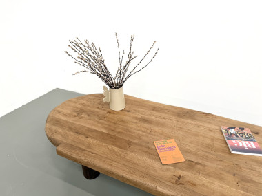 Table basse XXL ovale en chêne massif, piètement cylindrique, années 50, vue 7