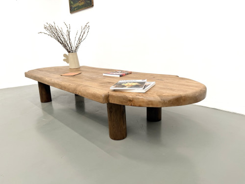 Table basse XXL ovale en chêne massif, piètement cylindrique, années 50, vue 8