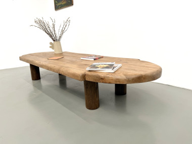Table basse XXL ovale en chêne massif, piètement cylindrique, années 50, vue 8