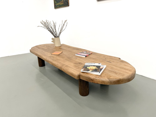 Table basse XXL ovale en chêne massif, piètement cylindrique, années 50, vue 9