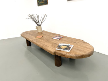 Table basse XXL ovale en chêne massif, piètement cylindrique, années 50, vue 9