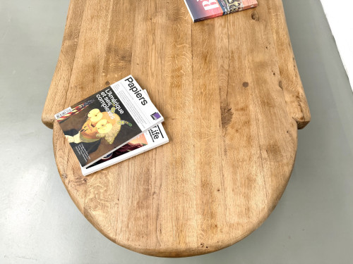 Table basse XXL ovale en chêne massif, piètement cylindrique, années 50, vue 12