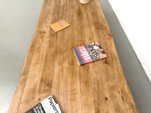Table basse XXL ovale en chêne massif, piètement cylindrique, années 50, vue 13