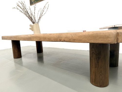Table basse XXL ovale en chêne massif, piètement cylindrique, années 50, vue 14