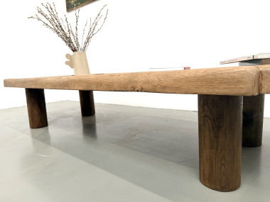Table basse XXL ovale en chêne massif, piètement cylindrique, années 50, vue 14