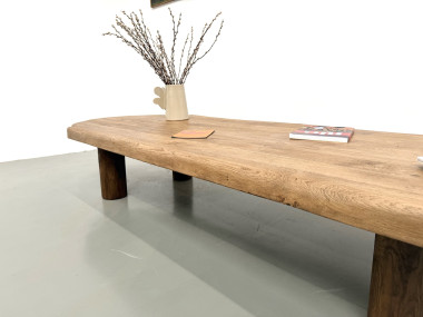 Table basse XXL ovale en chêne massif, piètement cylindrique, années 50, vue 15