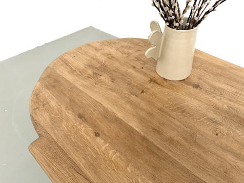Table basse XXL ovale en chêne massif, piètement cylindrique, années 50, vue 17