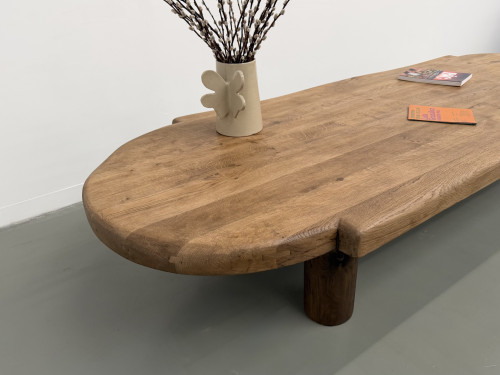 Table basse XXL ovale en chêne massif, piètement cylindrique, années 50, vue 20