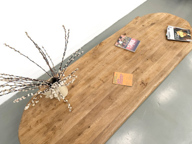 Table basse XXL ovale en chêne massif, piètement cylindrique, années 50, vue 21
