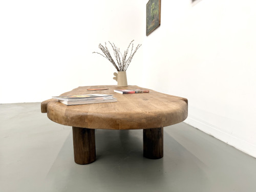 Table basse XXL ovale en chêne massif, piètement cylindrique, années 50, vue 22