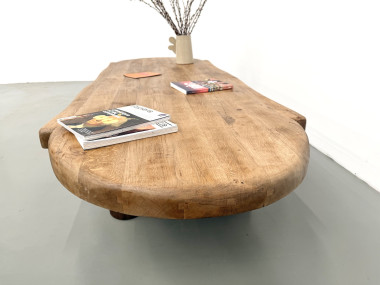 Table basse XXL ovale en chêne massif, piètement cylindrique, années 50, vue 23