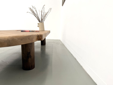 Table basse XXL ovale en chêne massif, piètement cylindrique, années 50, vue 24