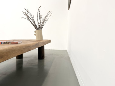 Table basse XXL ovale en chêne massif, piètement cylindrique, années 50, vue 25