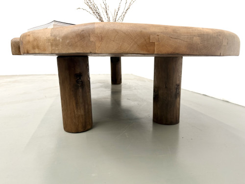 Table basse XXL ovale en chêne massif, piètement cylindrique, années 50, vue 26