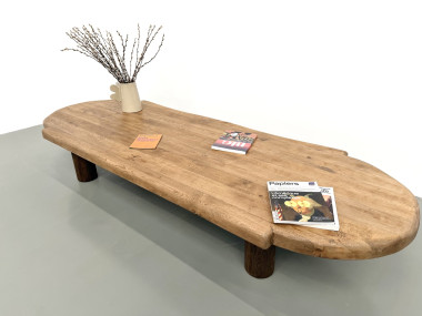 Table basse XXL ovale en chêne massif, piètement cylindrique, années 50, vue 28