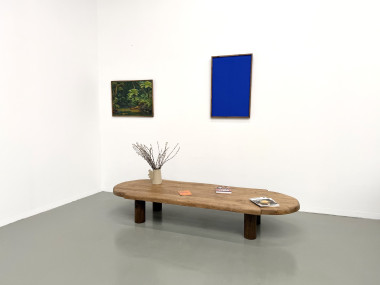 Table basse XXL ovale en chêne massif, piètement cylindrique, années 50, vue 29