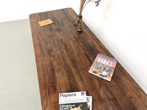 Table basse moderniste en orme massif, piètement cylindrique pin, années 70, vue 11