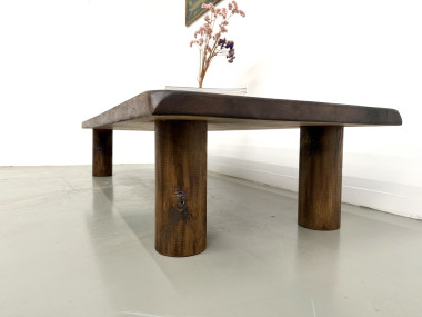 Table basse moderniste en orme massif, piètement cylindrique pin, années 70, vue 20