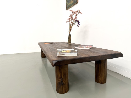 Table basse moderniste en orme massif, piètement cylindrique pin, années 70, vue 21