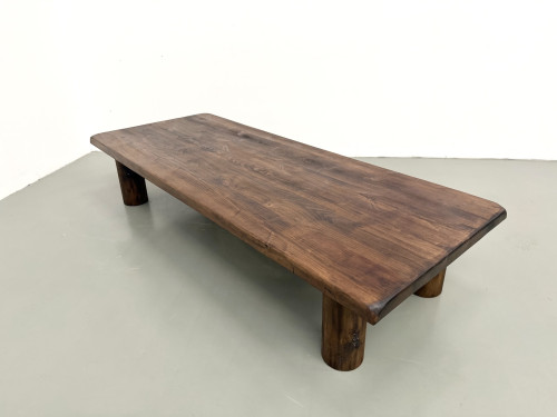 Table basse moderniste en orme massif, piètement cylindrique pin, années 70, vue 29