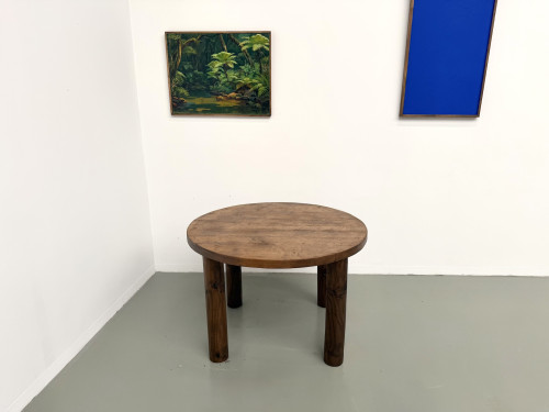 Table ronde moderniste chêne massif, piètement cylindrique pin, DLG Perriand, Chapo, années 50, vue 4
