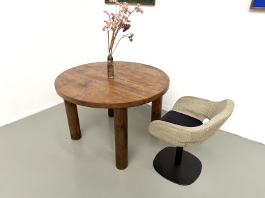 Table ronde moderniste chêne massif, piètement cylindrique pin, DLG Perriand, Chapo, années 50, vue 5