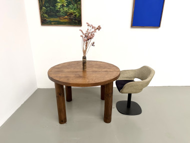 Table ronde moderniste chêne massif, piètement cylindrique pin, DLG Perriand, Chapo, années 50, vue 6