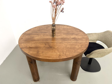 Table ronde moderniste chêne massif, piètement cylindrique pin, DLG Perriand, Chapo, années 50, vue 7