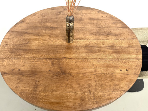 Table ronde moderniste chêne massif, piètement cylindrique pin, DLG Perriand, Chapo, années 50, vue 8