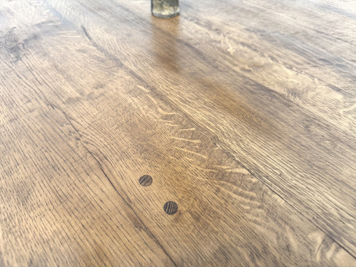 Table ronde moderniste chêne massif, piètement cylindrique pin, DLG Perriand, Chapo, années 50, vue 10