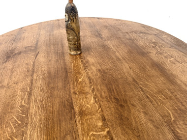 Table ronde moderniste chêne massif, piètement cylindrique pin, DLG Perriand, Chapo, années 50, vue 12
