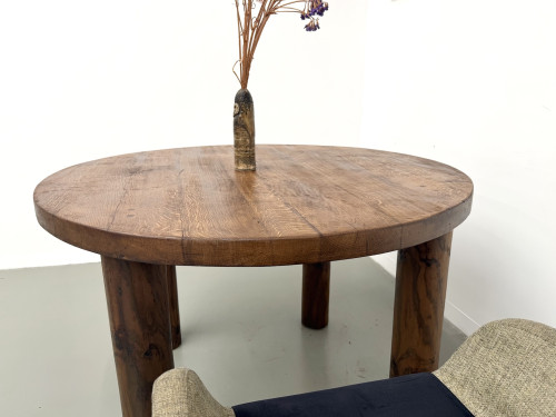 Table ronde moderniste chêne massif, piètement cylindrique pin, DLG Perriand, Chapo, années 50, vue 13