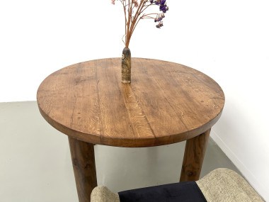 Table ronde moderniste chêne massif, piètement cylindrique pin, DLG Perriand, Chapo, années 50, vue 14