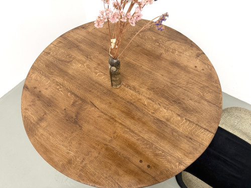 Table ronde moderniste chêne massif, piètement cylindrique pin, DLG Perriand, Chapo, années 50, vue 15