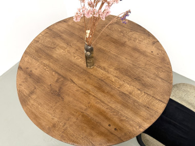 Table ronde moderniste chêne massif, piètement cylindrique pin, DLG Perriand, Chapo, années 50, vue 15